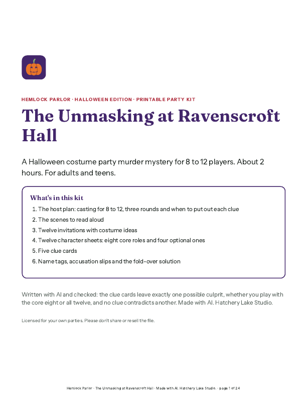 The kit's cover: The Unmasking at Ravenscroft Hall, a Halloween costume party murder mystery for 8 to 12 players, with what's inside.