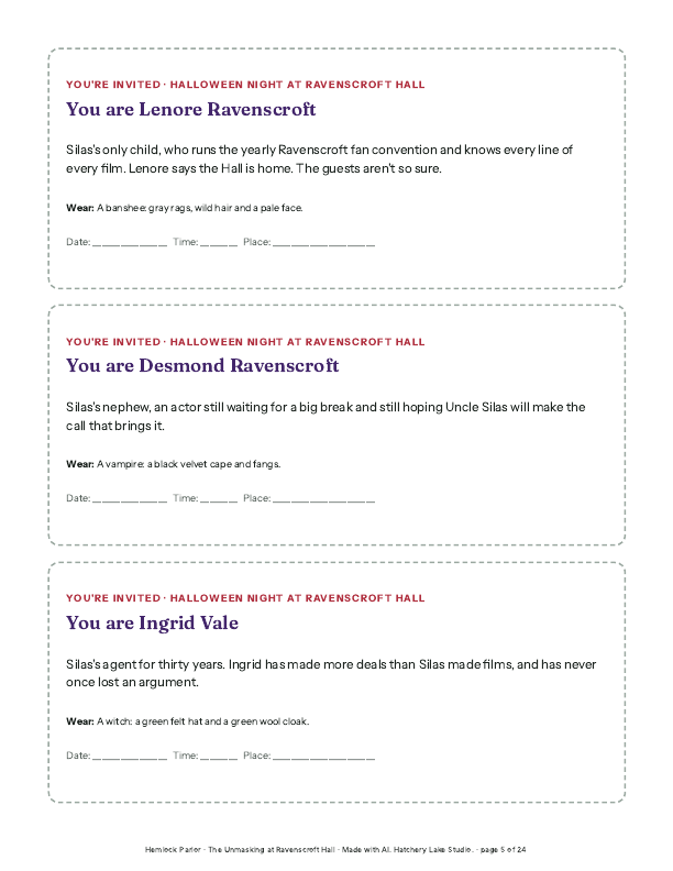 A page of three invitations from the kit: Lenore Ravenscroft, Desmond Ravenscroft and Ingrid Vale, each with a costume idea.