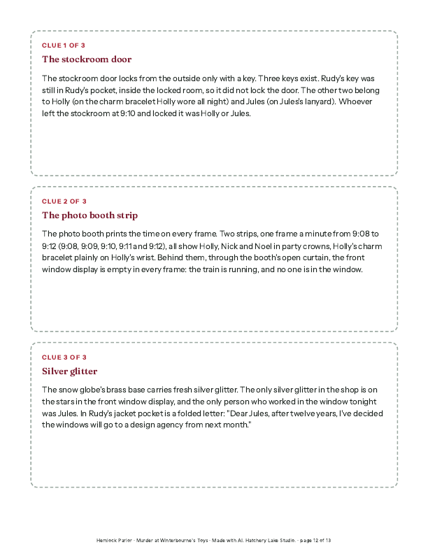 The mystery's clue cards page: the stockroom door, the photo booth strip and silver glitter.
