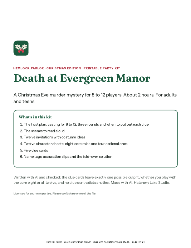 The cover of Death at Evergreen Manor, the Christmas edition, with a holly mark.
