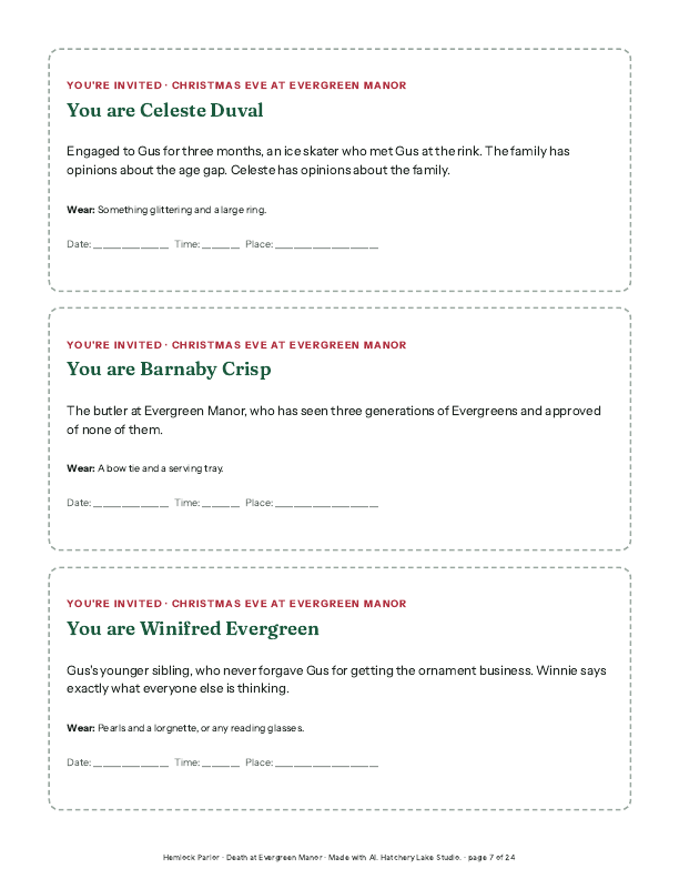 A page of three invitations from the kit: Celeste Duval, Barnaby Crisp and Winifred Evergreen, each with a costume idea.
